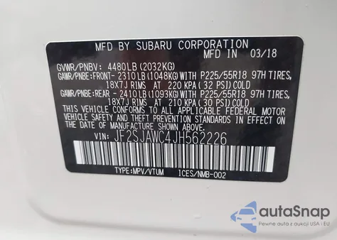 2018 Subaru Forester 2.5I Touring z USA, uszkodzony, nr VIN JF2SJAWC4JH562226